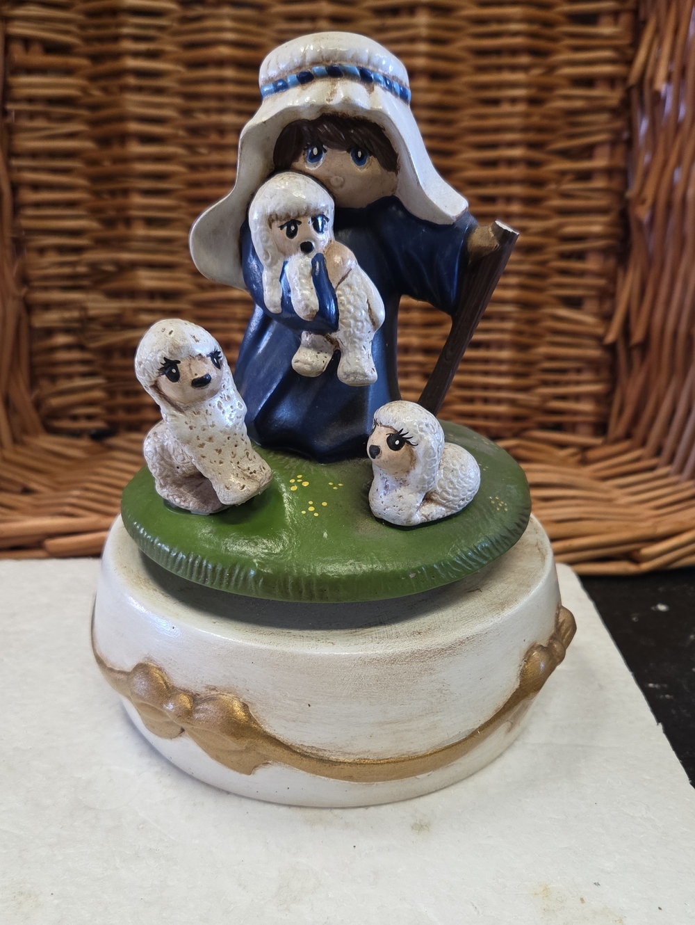 Vintage Ceramic Shepherd Music Box - Blue & White